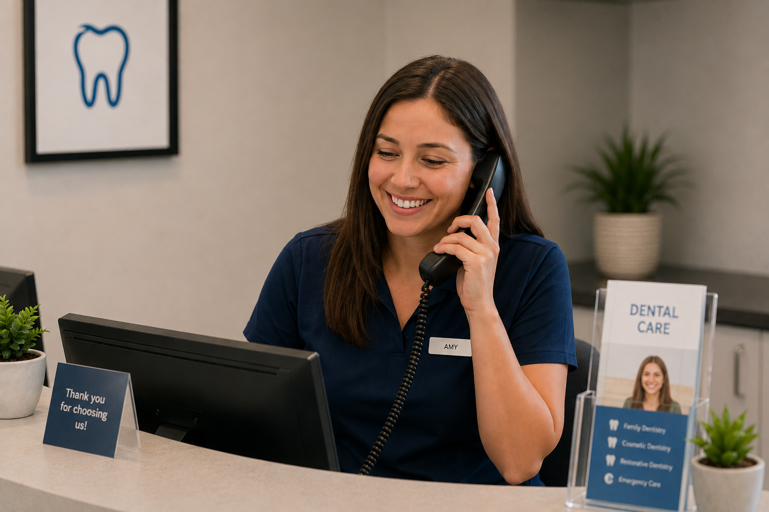 Friendly receptionist answering a call at Roseville Family Dental