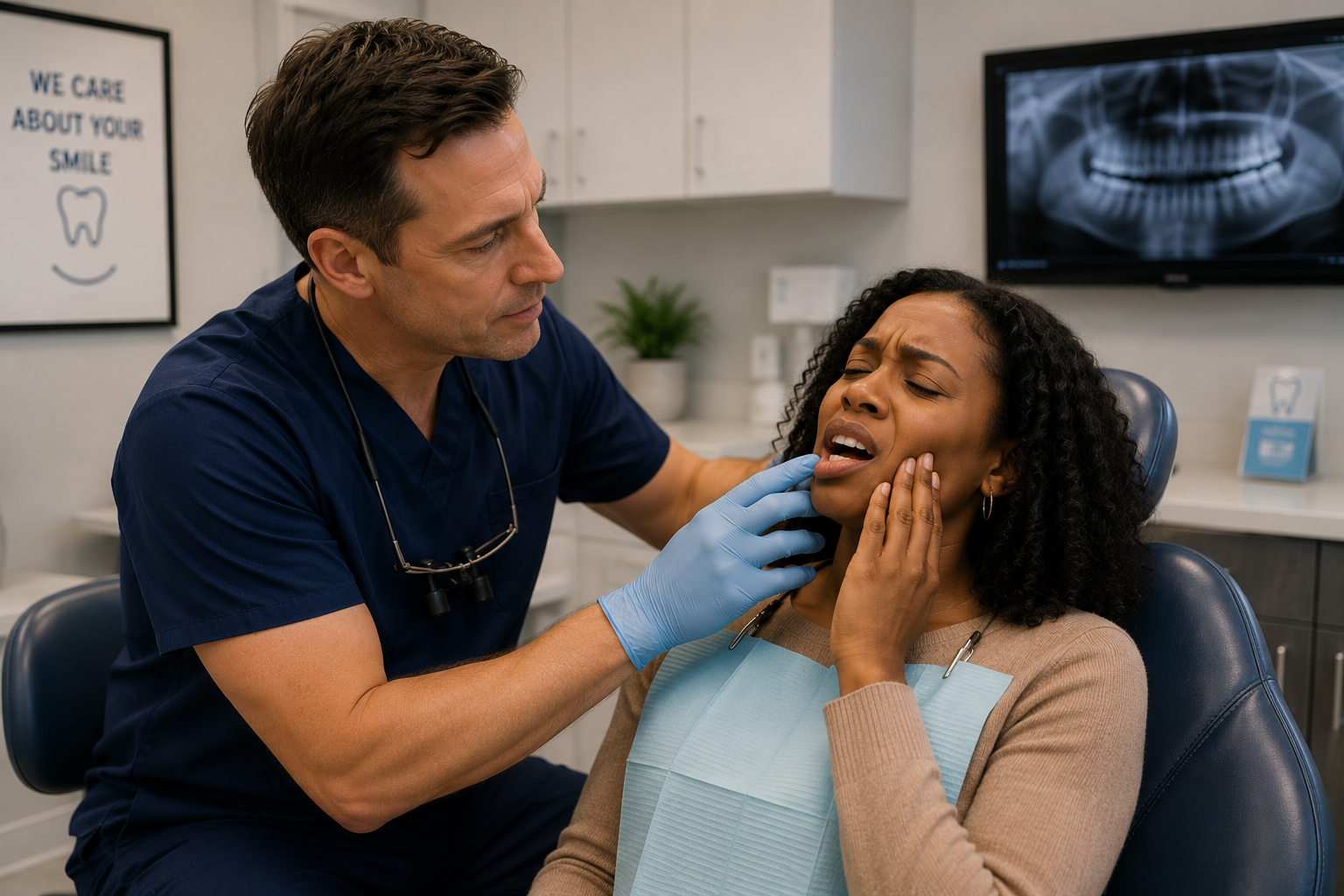 A patient in discomfort being examined by a dentist