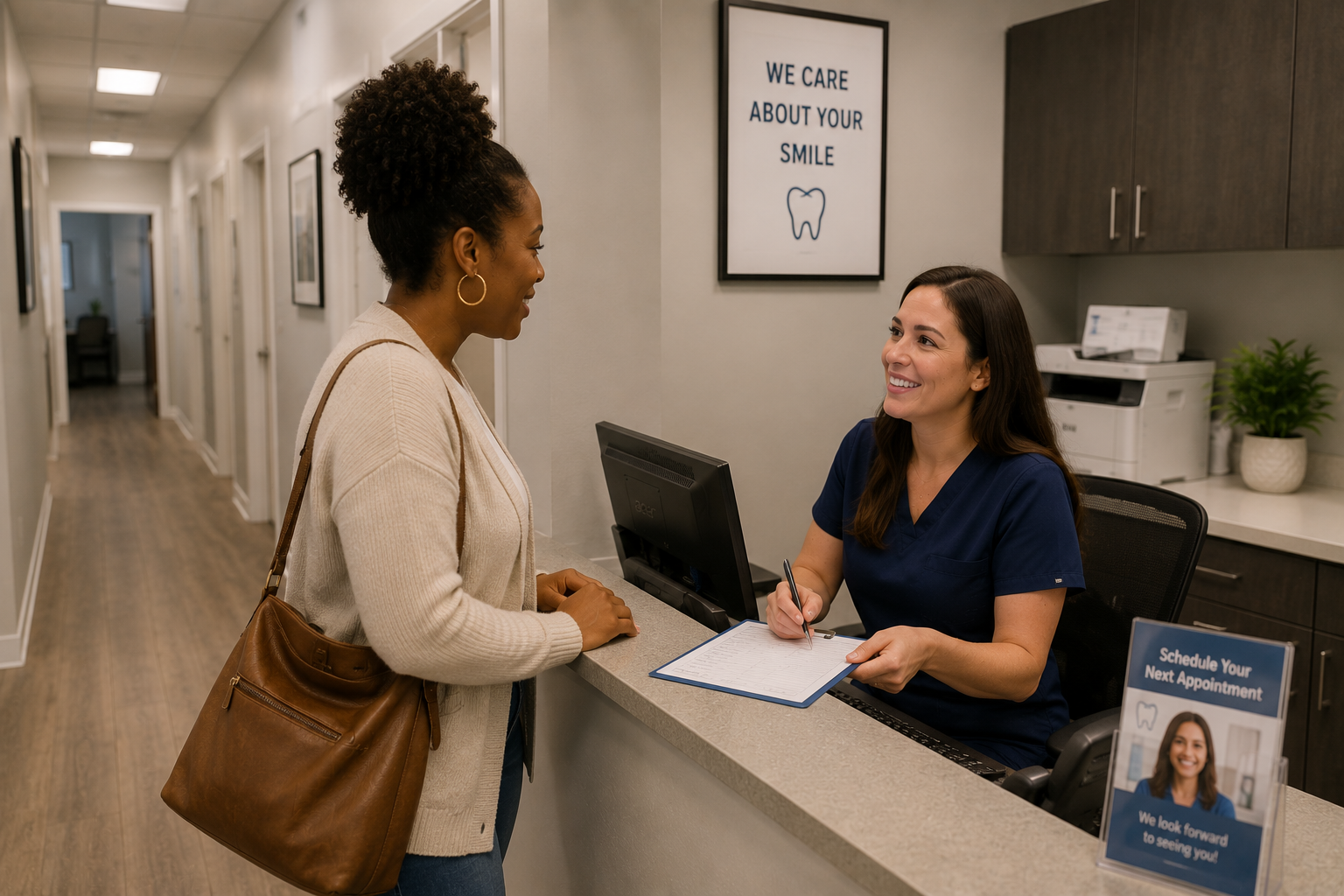 A friendly reception team member helping a patient schedule an appointment at the front desk