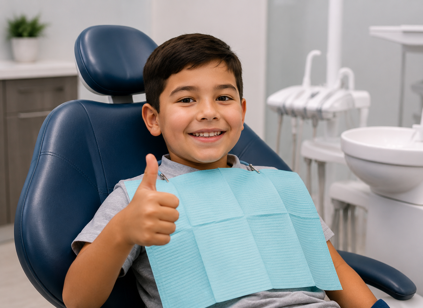 Happy young patient giving a thumbs up in the dental chair