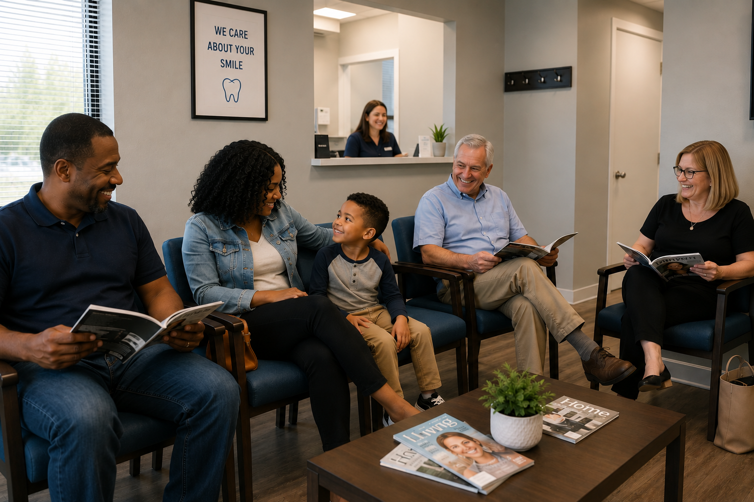Modern, warm dental office reception area with natural light
