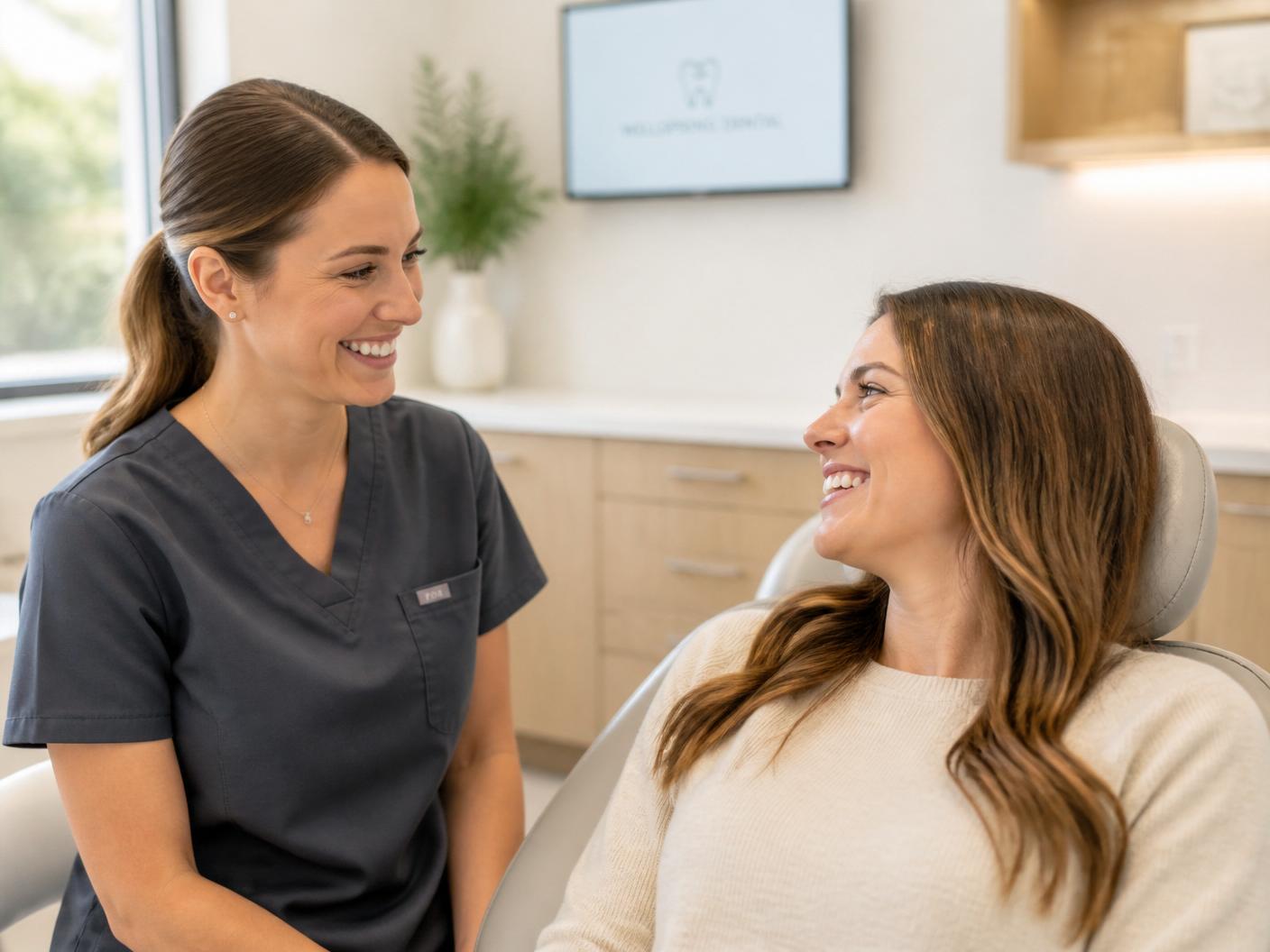 A dentist speaking warmly with a patient in a bright treatment room